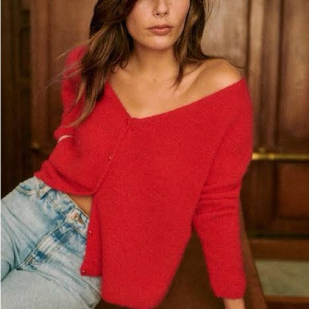 Sezane Vibrant Red Off-the-Shoulder Button Cardigan